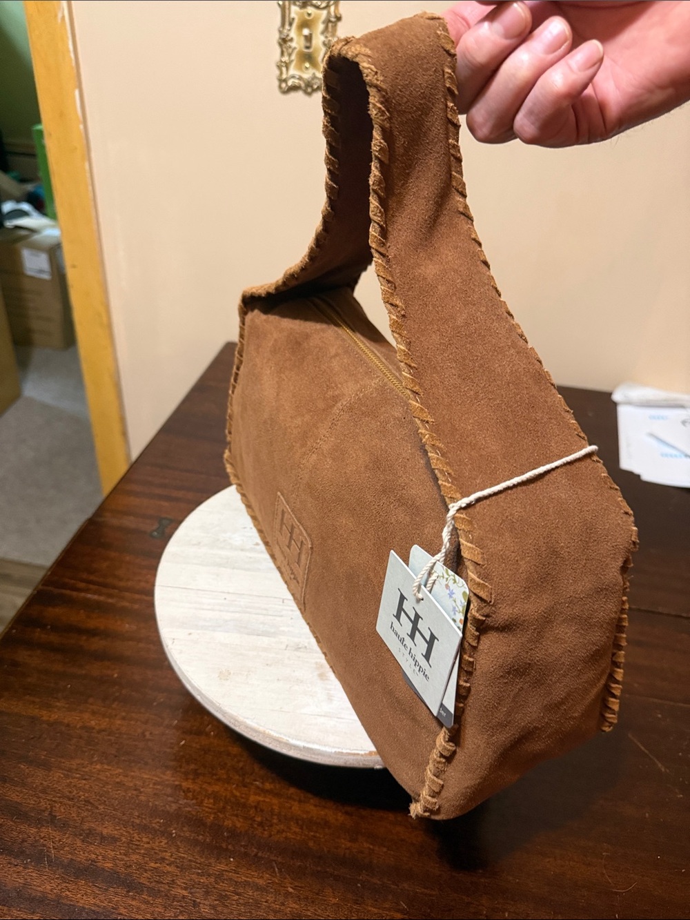 Haute Hippie NWT Brown Suede Hobo Bag Boho Braided Shoulder Whipstitch Festival - Picture 4 of 15